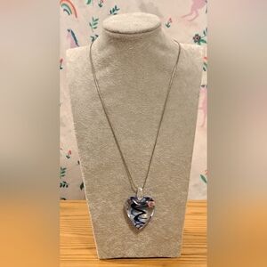 EUC Vintage Blue Hand Blown Glass Heart Pendant Necklace Jewelry w/ Silver Chain